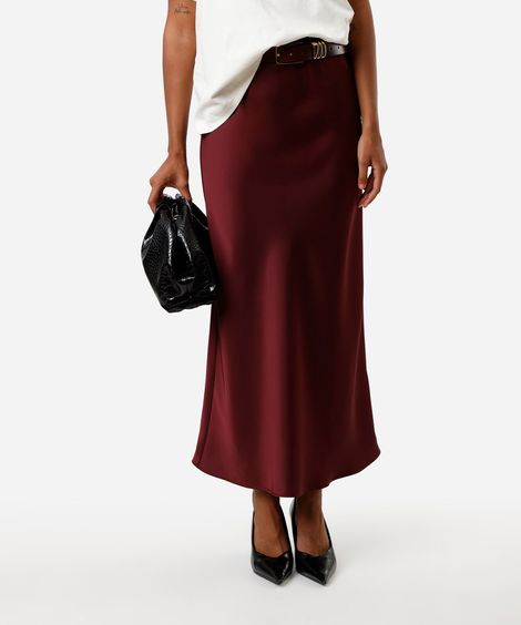 saia midi feminina acetinada vinho