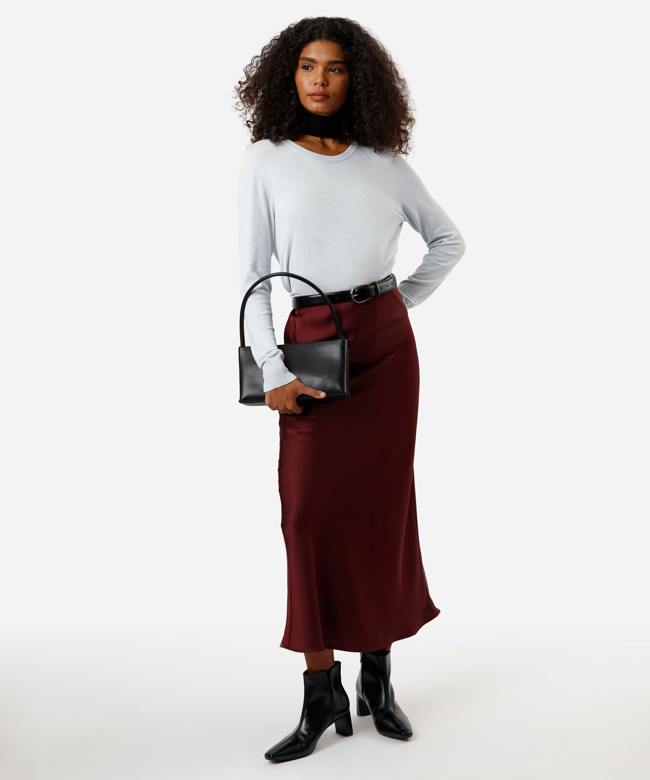saia midi feminina acetinada vinho