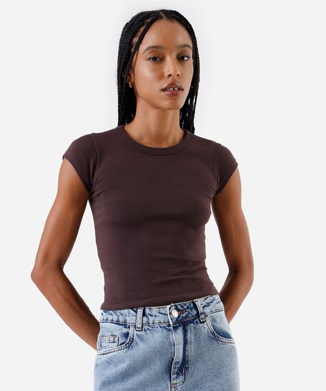 blusa baby look feminina de algodão básica marrom