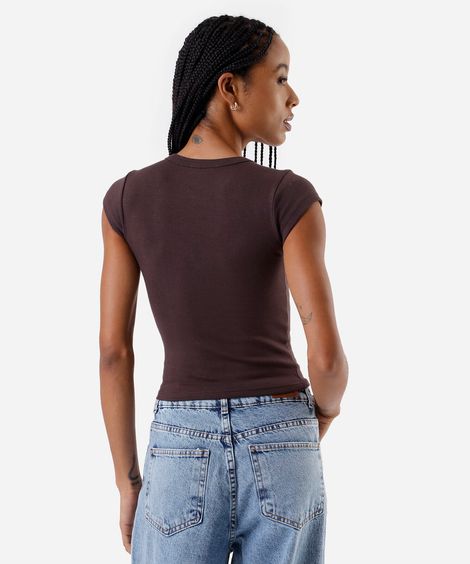 blusa baby look feminina de algodão básica marrom