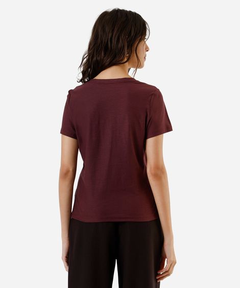 blusa básica feminina de algodão peruano manga curta decote v vinho