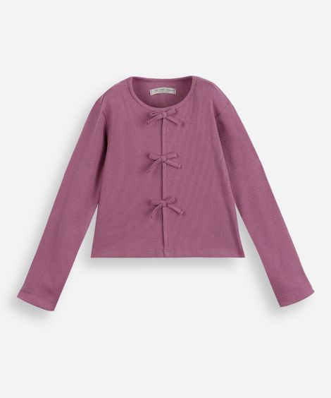 blusa infantil de algodão manga longa canelada com lacinhos roxa