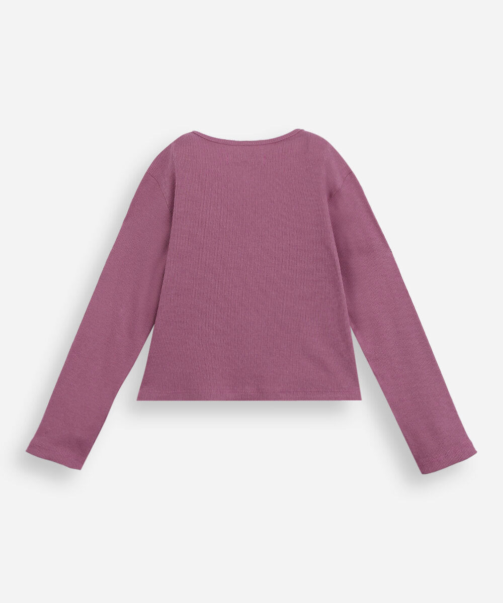 blusa infantil de algodão manga longa canelada com lacinhos roxa