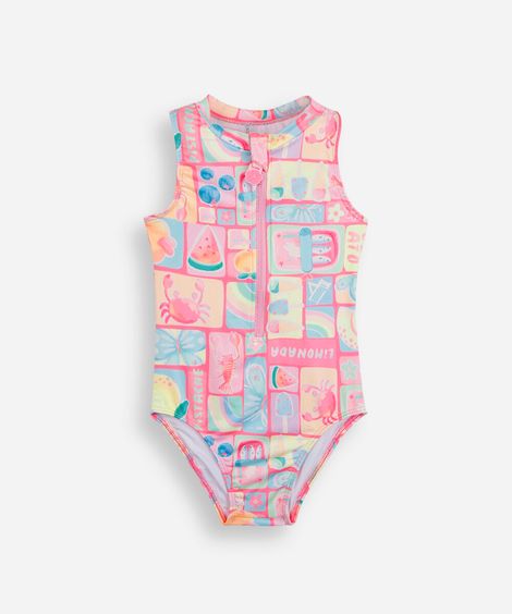 maiô infantil com zíper estampado rosa
