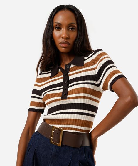 polo feminina de tricot listrada canelada marrom
