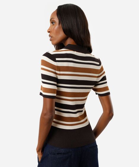 polo feminina de tricot listrada canelada marrom