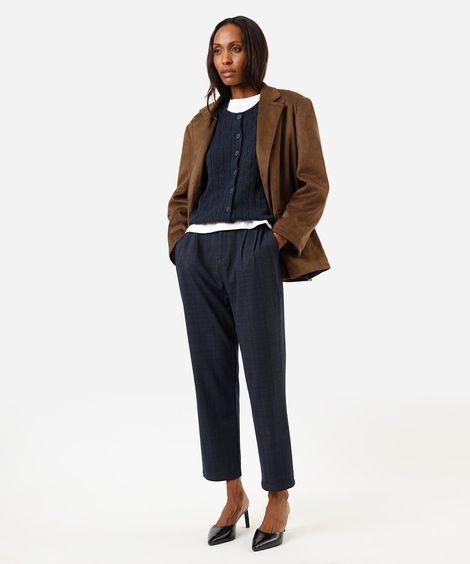 calça de alfaiataria feminina cós elástico com pregas xadrez azul