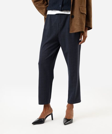 calça de alfaiataria feminina cós elástico com pregas xadrez azul