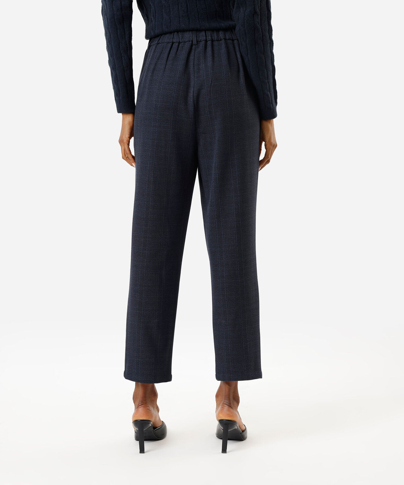 calça de alfaiataria feminina cós elástico com pregas xadrez azul