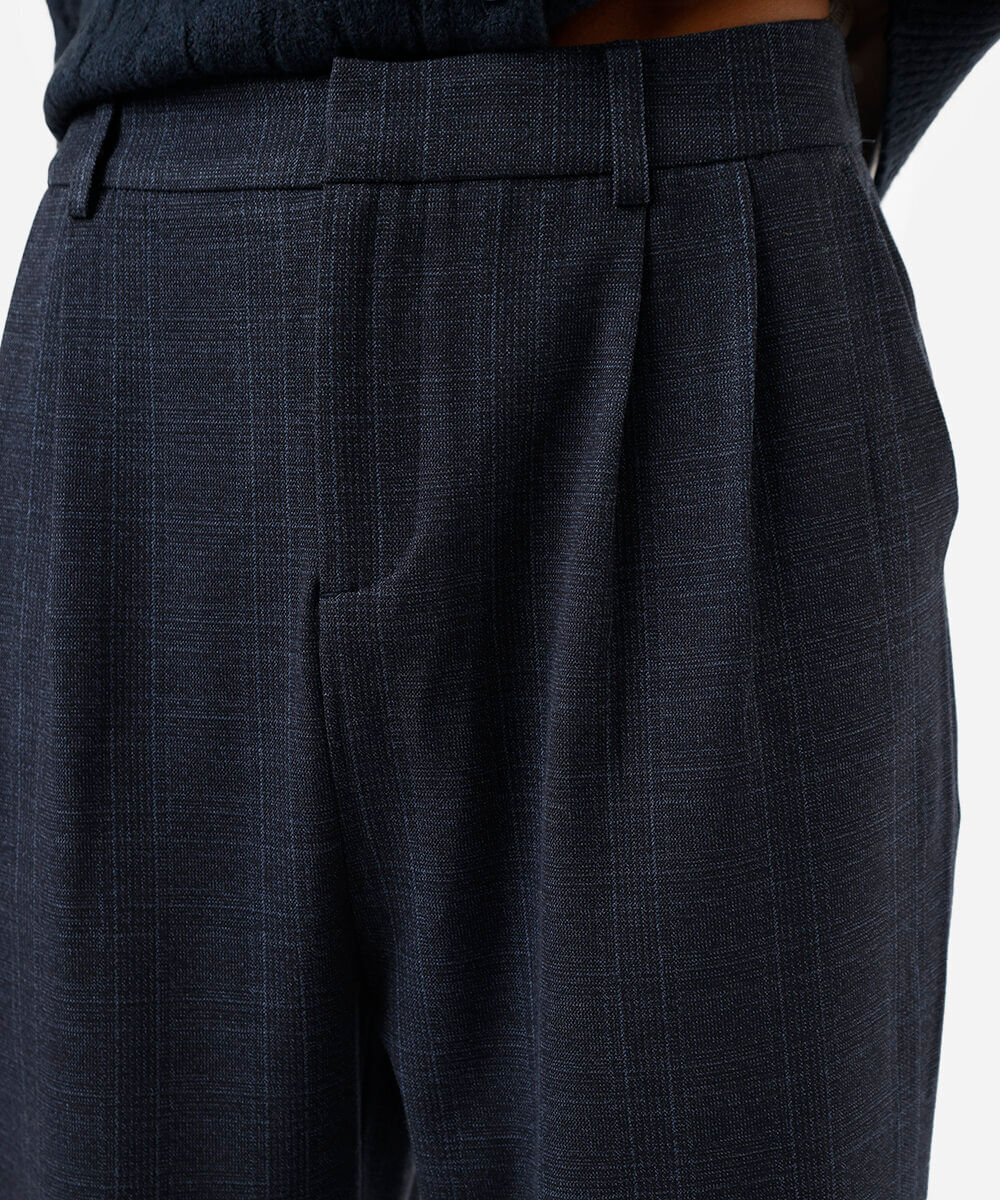 calça de alfaiataria feminina cós elástico com pregas xadrez azul