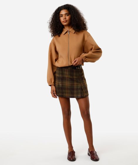 minissaia feminina com lã xadrez cinza