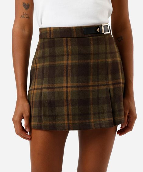 minissaia feminina com lã xadrez cinza