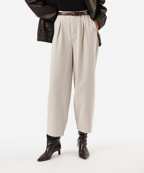 calça de alfaiataria feminina com pregas cintura alta bege