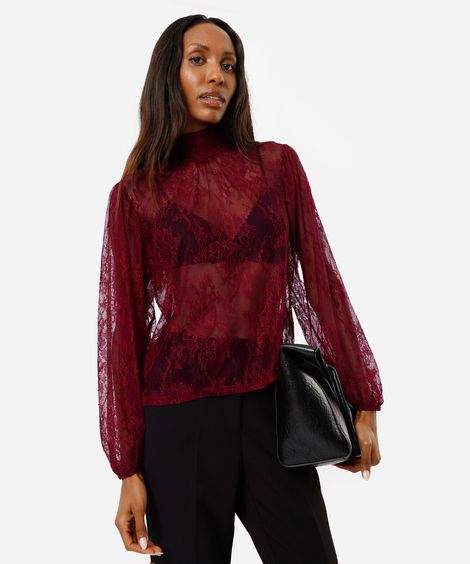 bata feminina de renda com gola laço floral vinho