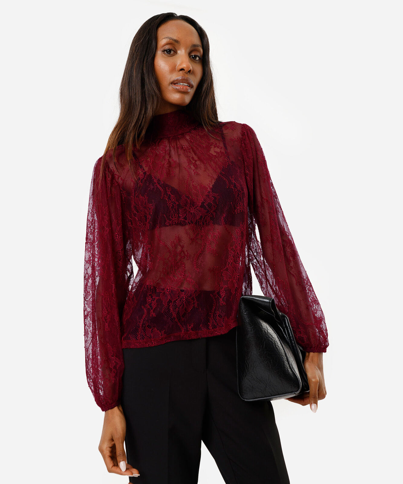 bata feminina de renda com gola laço floral vinho