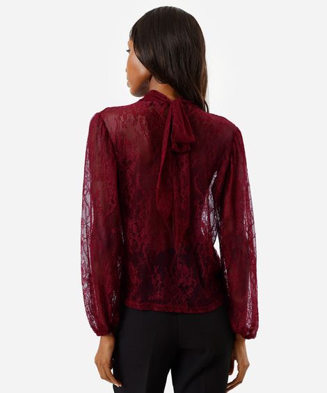 bata feminina de renda com gola laço floral vinho