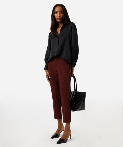 calça de alfaiataria reta feminina com pences marrom