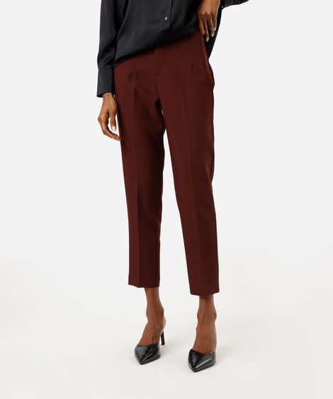 calça de alfaiataria reta feminina com pences marrom