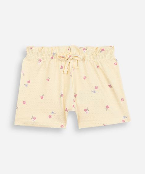 short infantil de algodão texturizado floral amarelo