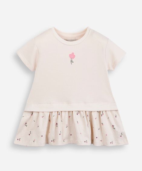 vestido infantil com saia floral bege