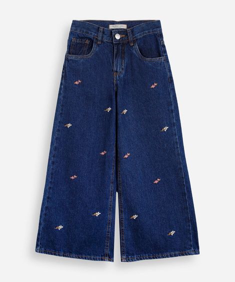 calça wide leg infantil jeans com bordado floral azul
