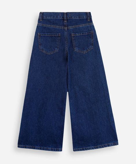 calça wide leg infantil jeans com bordado floral azul