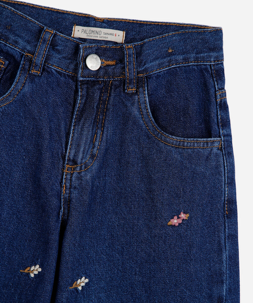 calça wide leg infantil jeans com bordado floral azul