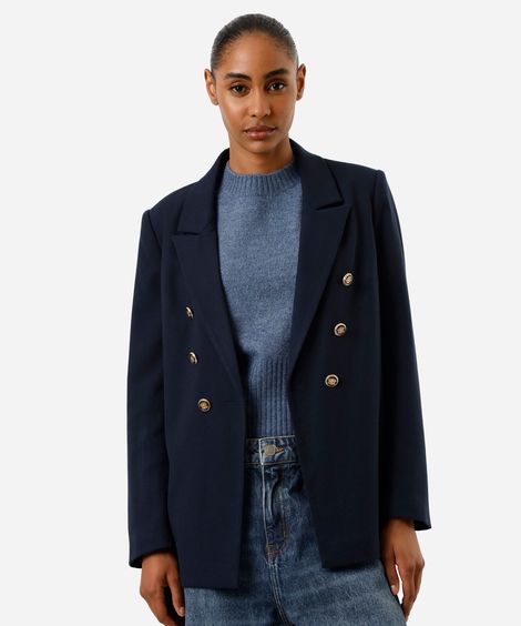 blazer em piquet com ombreiras azul marinho
