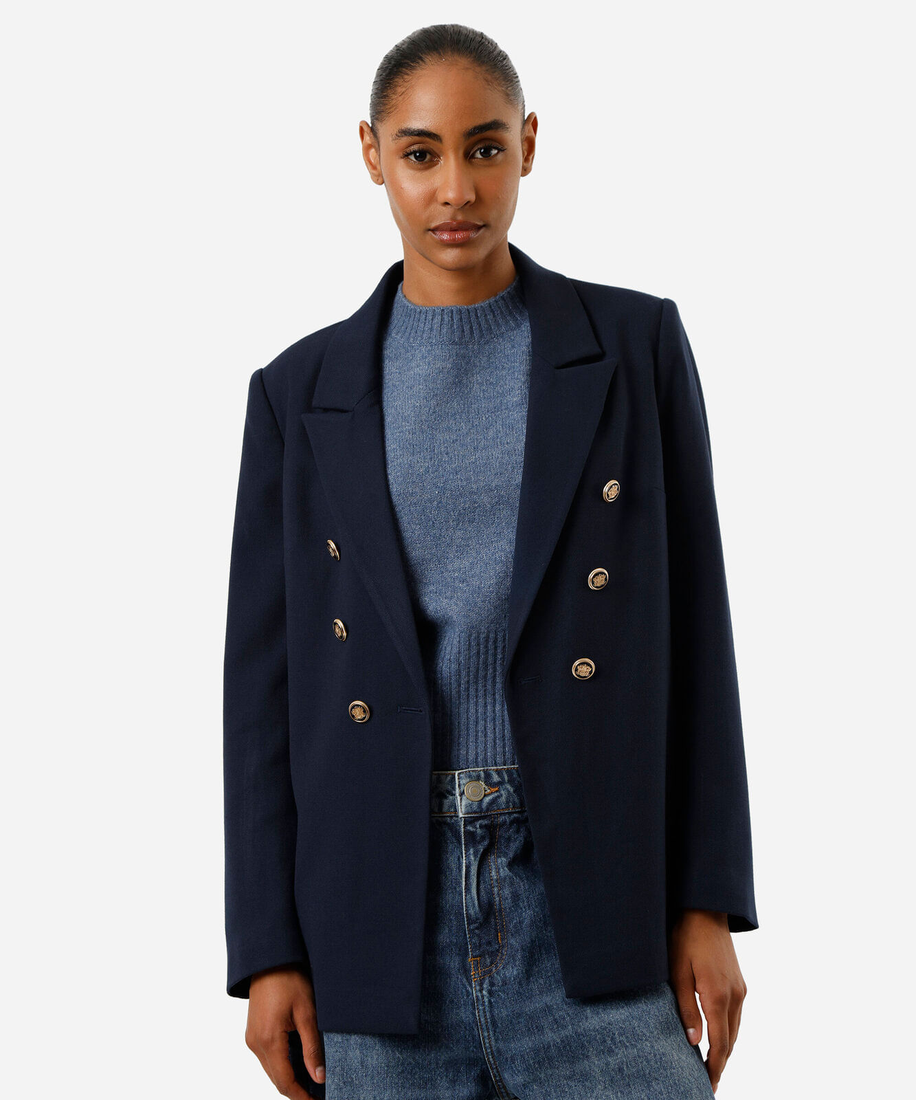 blazer em piquet com ombreiras azul marinho