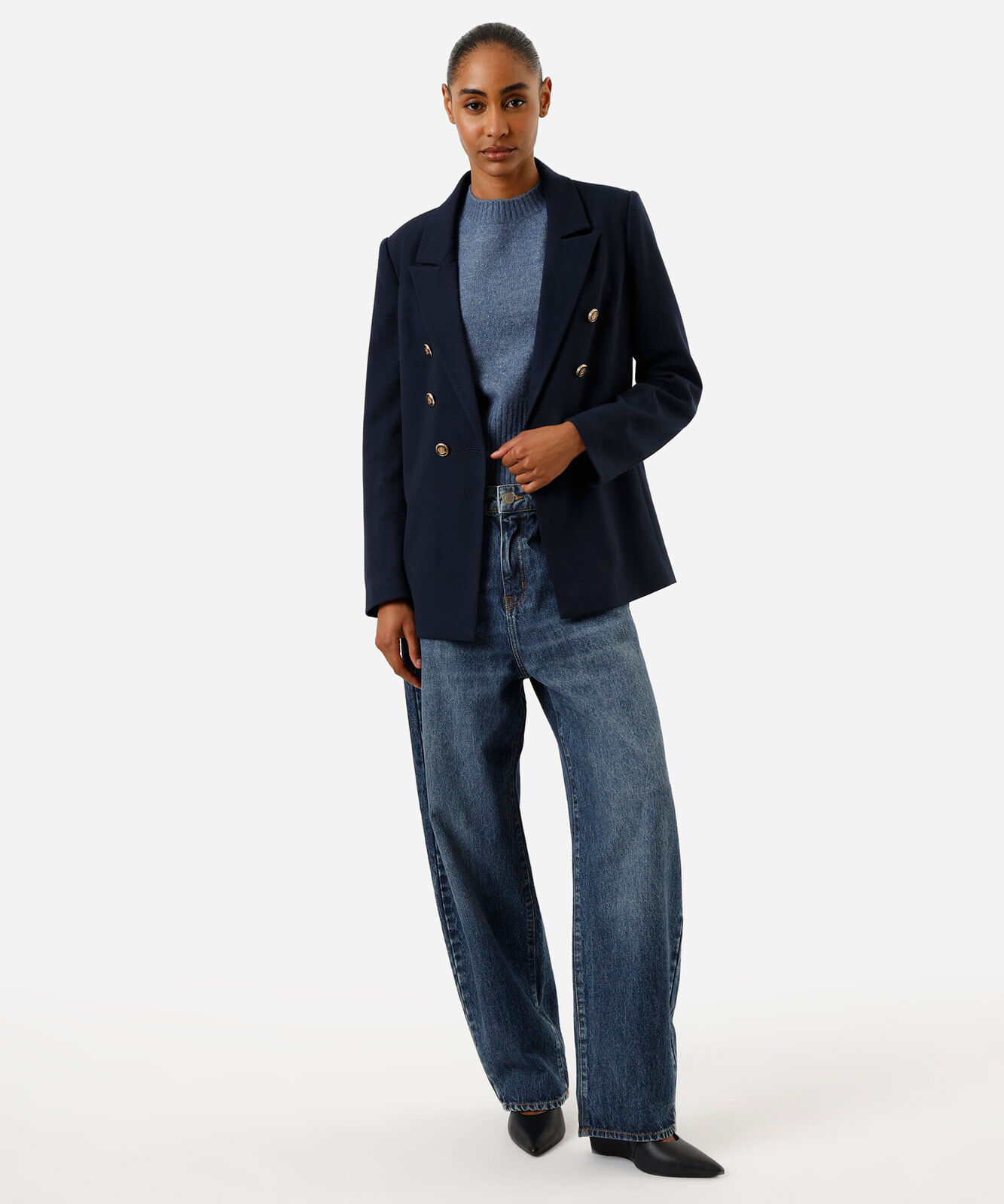 blazer em piquet com ombreiras azul marinho