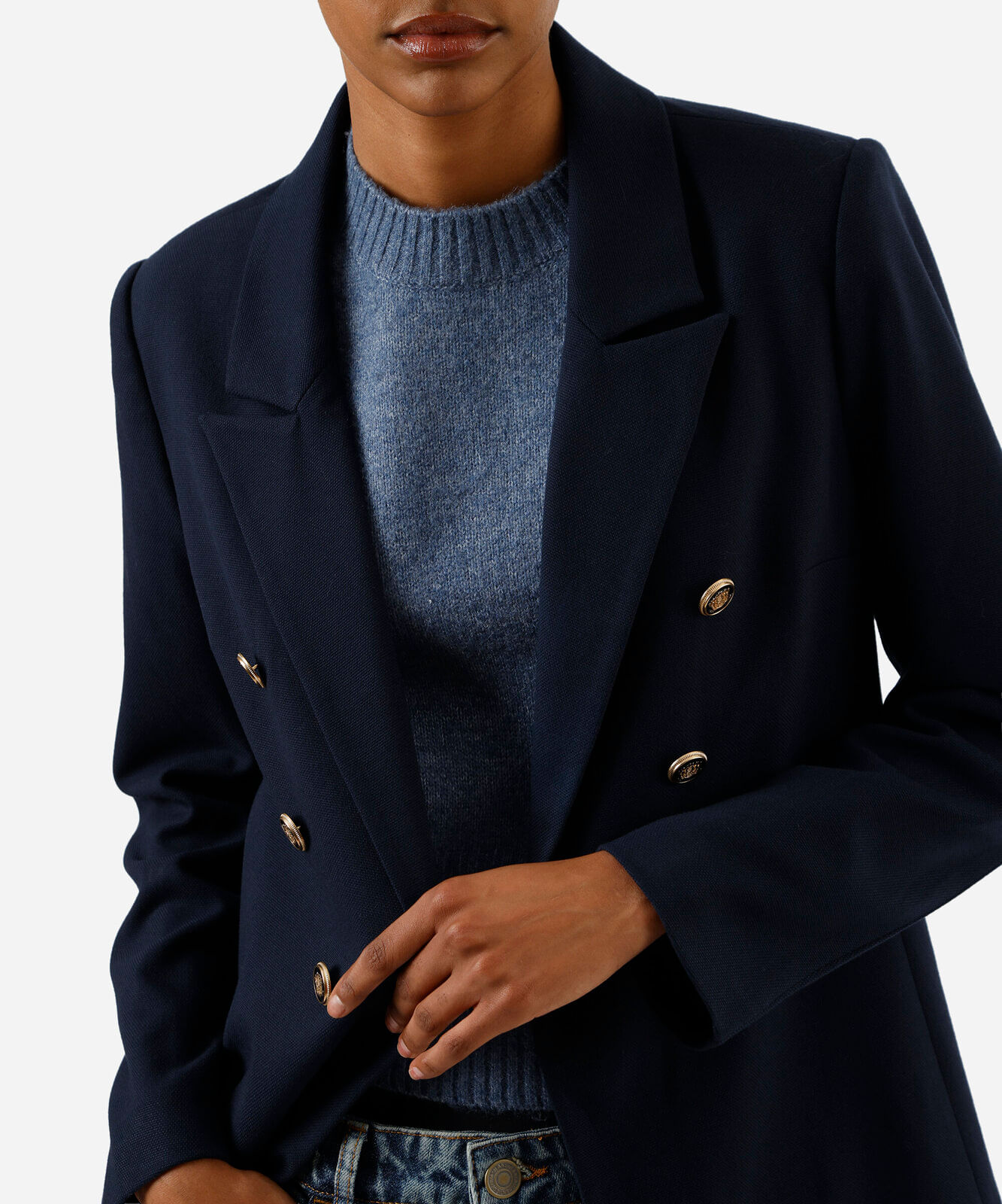 blazer em piquet com ombreiras azul marinho