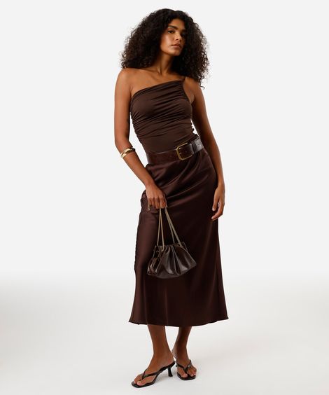 saia midi feminina acetinada marrom