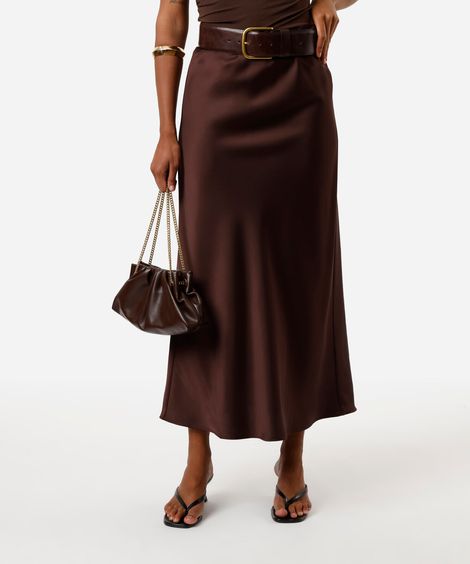 saia midi feminina acetinada marrom