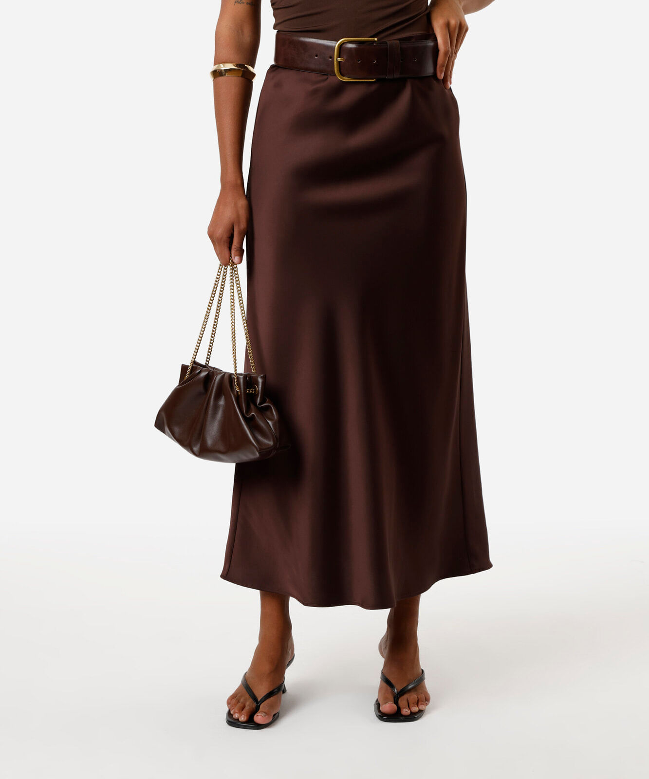 saia midi feminina acetinada marrom