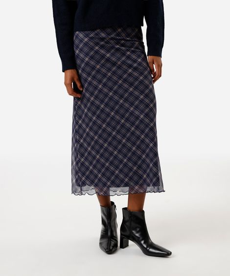 saia midi feminina de tule xadrez azul