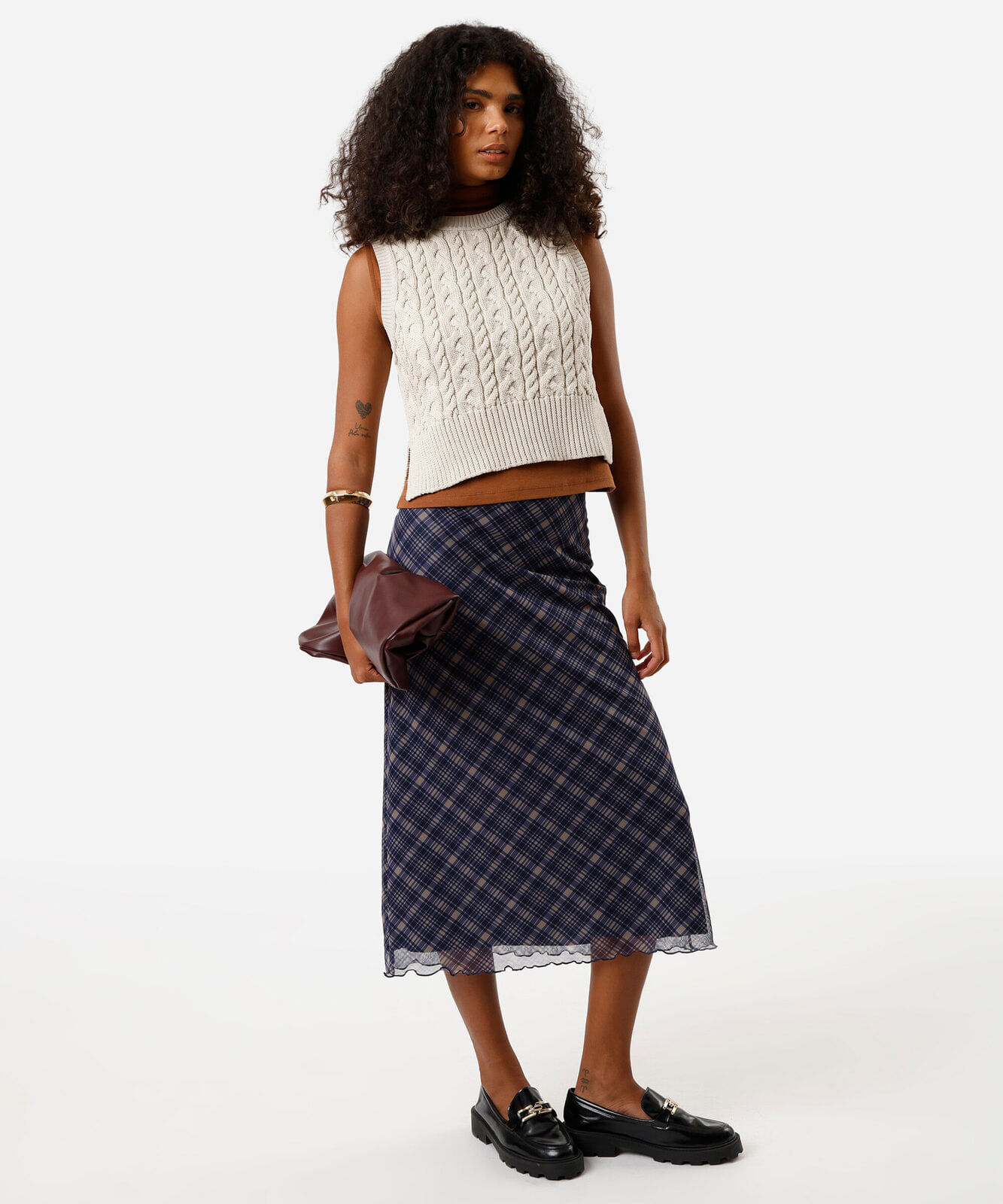 saia midi feminina de tule xadrez azul