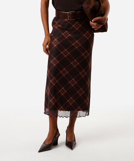 saia midi feminina de tule xadrez marrom