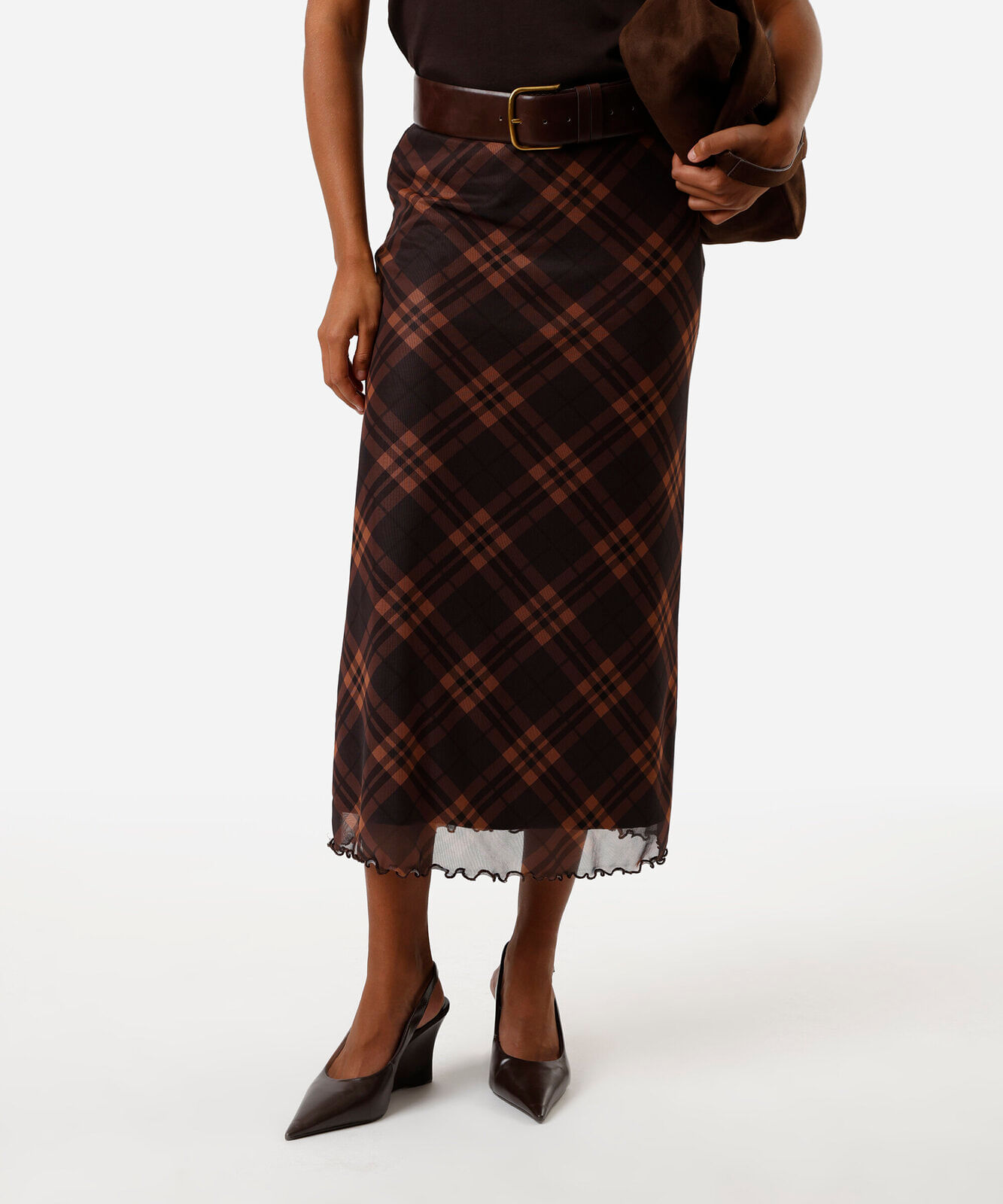 saia midi feminina de tule xadrez marrom