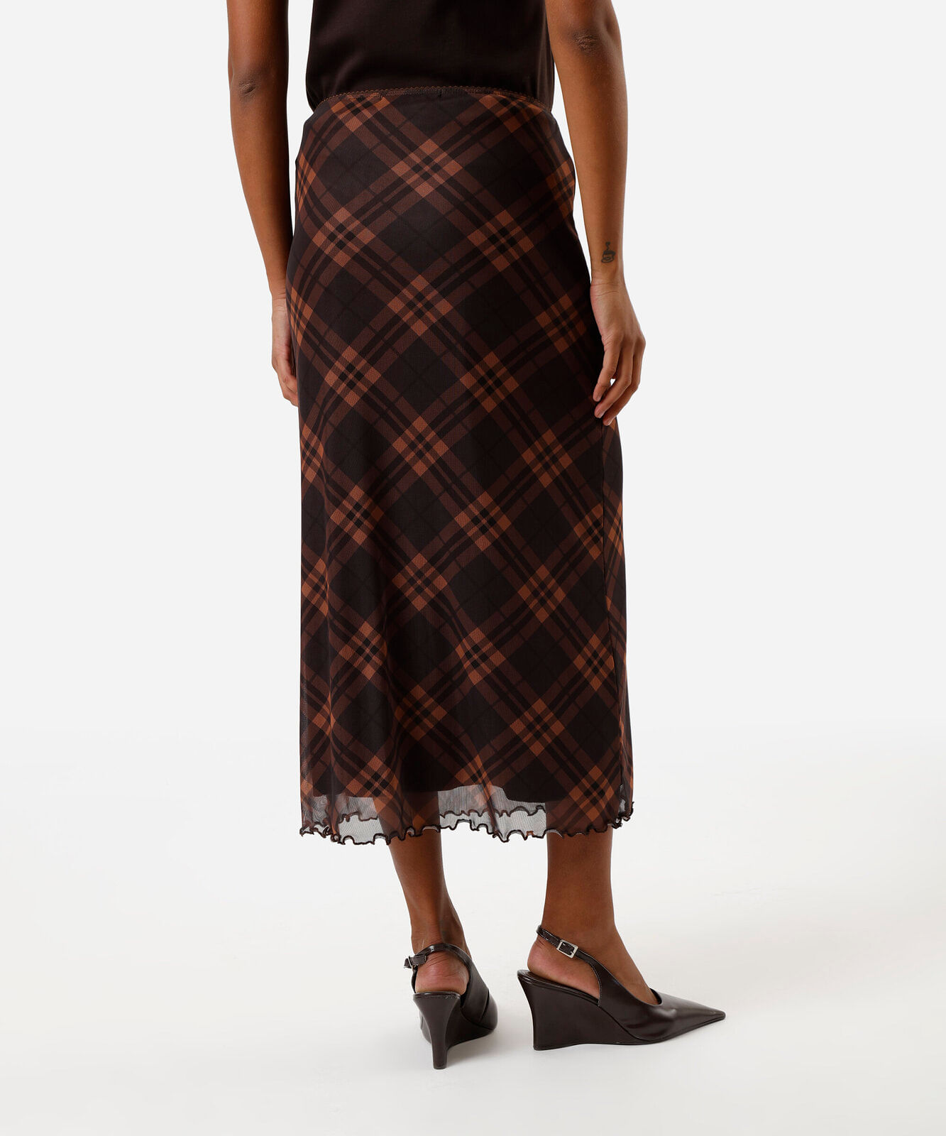 saia midi feminina de tule xadrez marrom