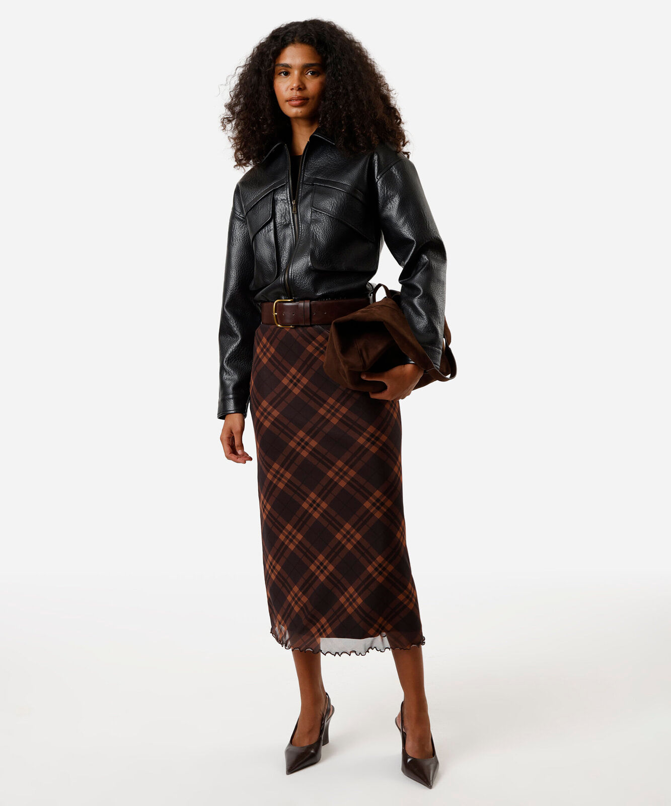 saia midi feminina de tule xadrez marrom