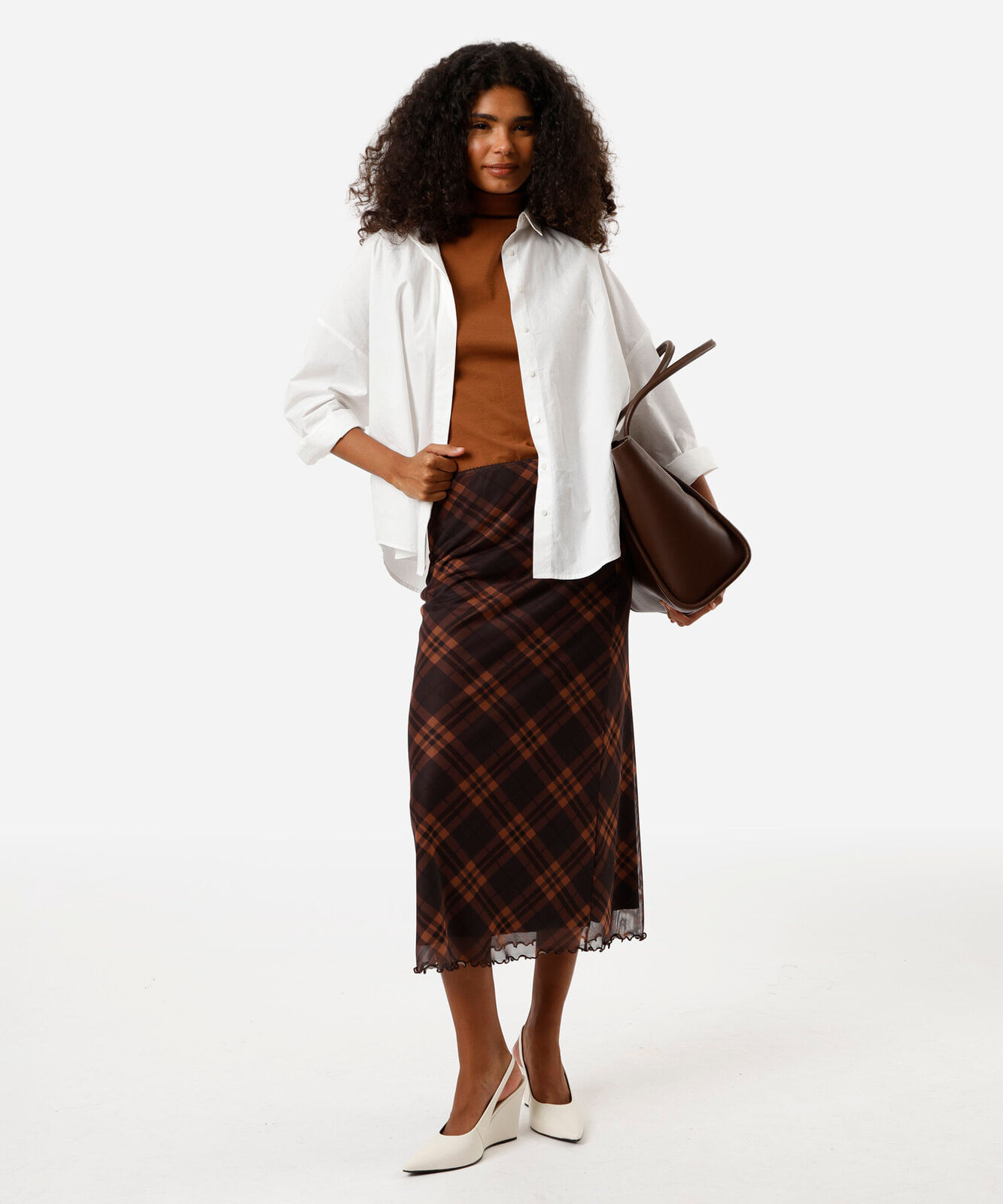 saia midi feminina de tule xadrez marrom