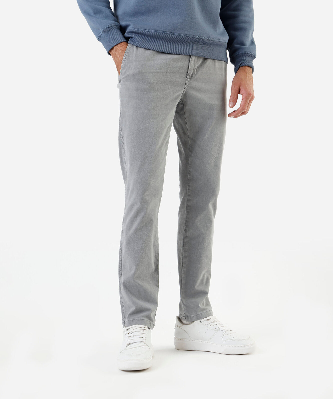 calça slim masculina de sarja cós elástico cinza