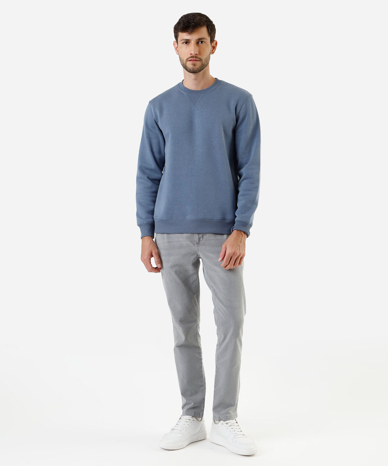 calça slim masculina de sarja cós elástico cinza
