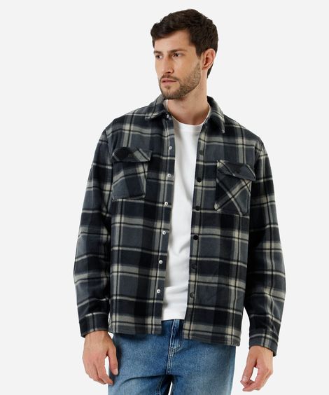 camisa overshirt masculina de fleece manga longa com bolsos xadrez cinza