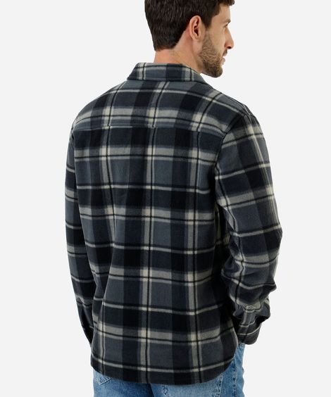camisa overshirt masculina de fleece manga longa com bolsos xadrez cinza