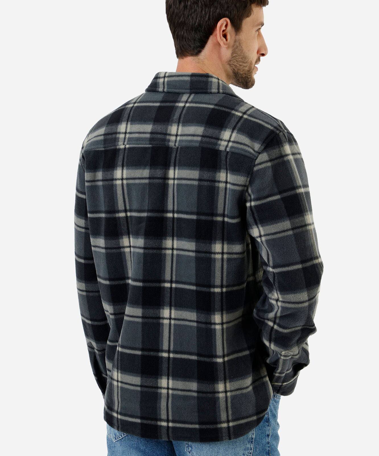 camisa overshirt masculina de fleece manga longa com bolsos xadrez cinza
