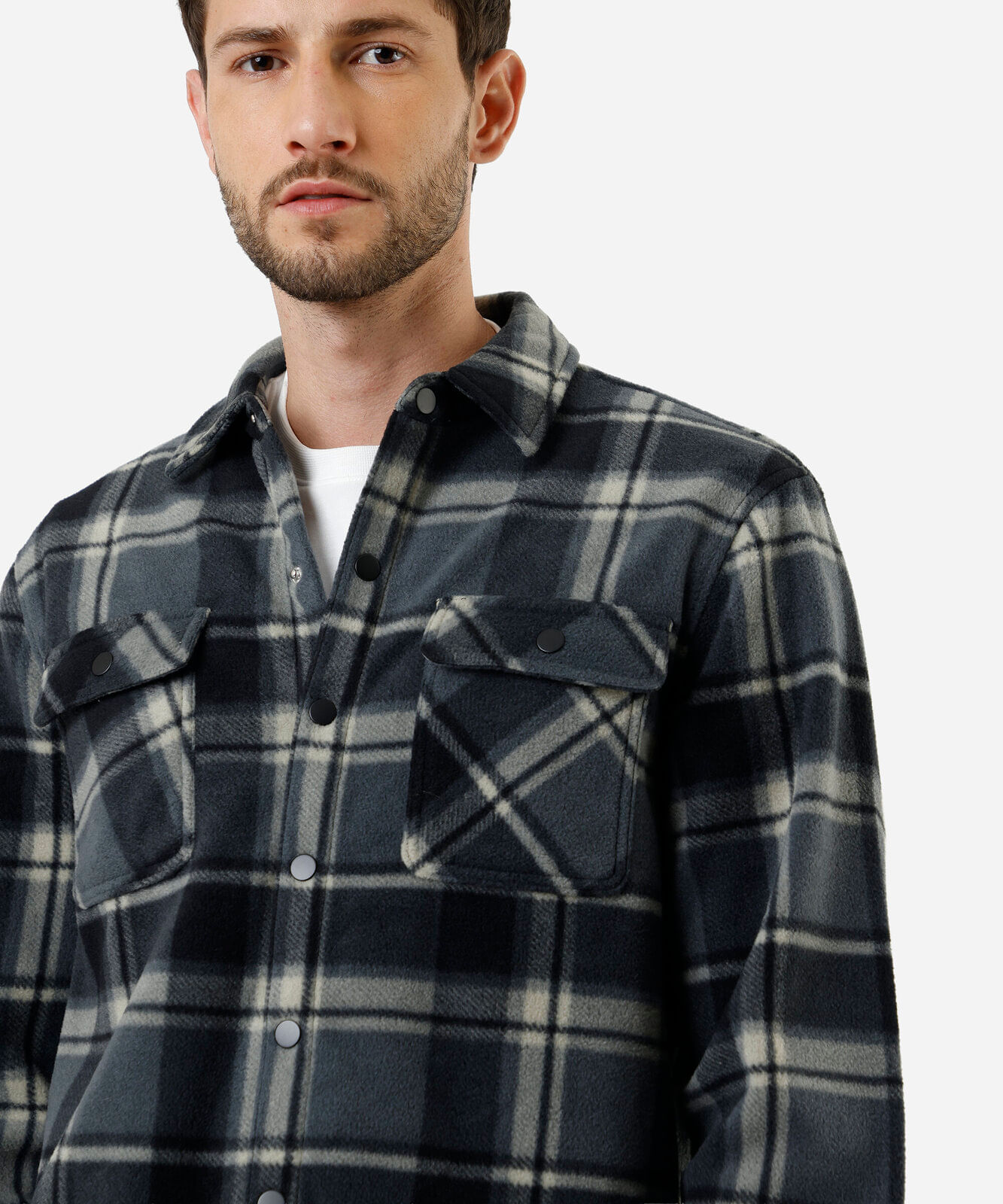 camisa overshirt masculina de fleece manga longa com bolsos xadrez cinza