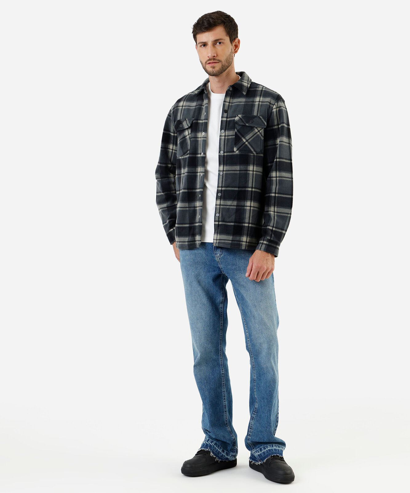camisa overshirt masculina de fleece manga longa com bolsos xadrez cinza