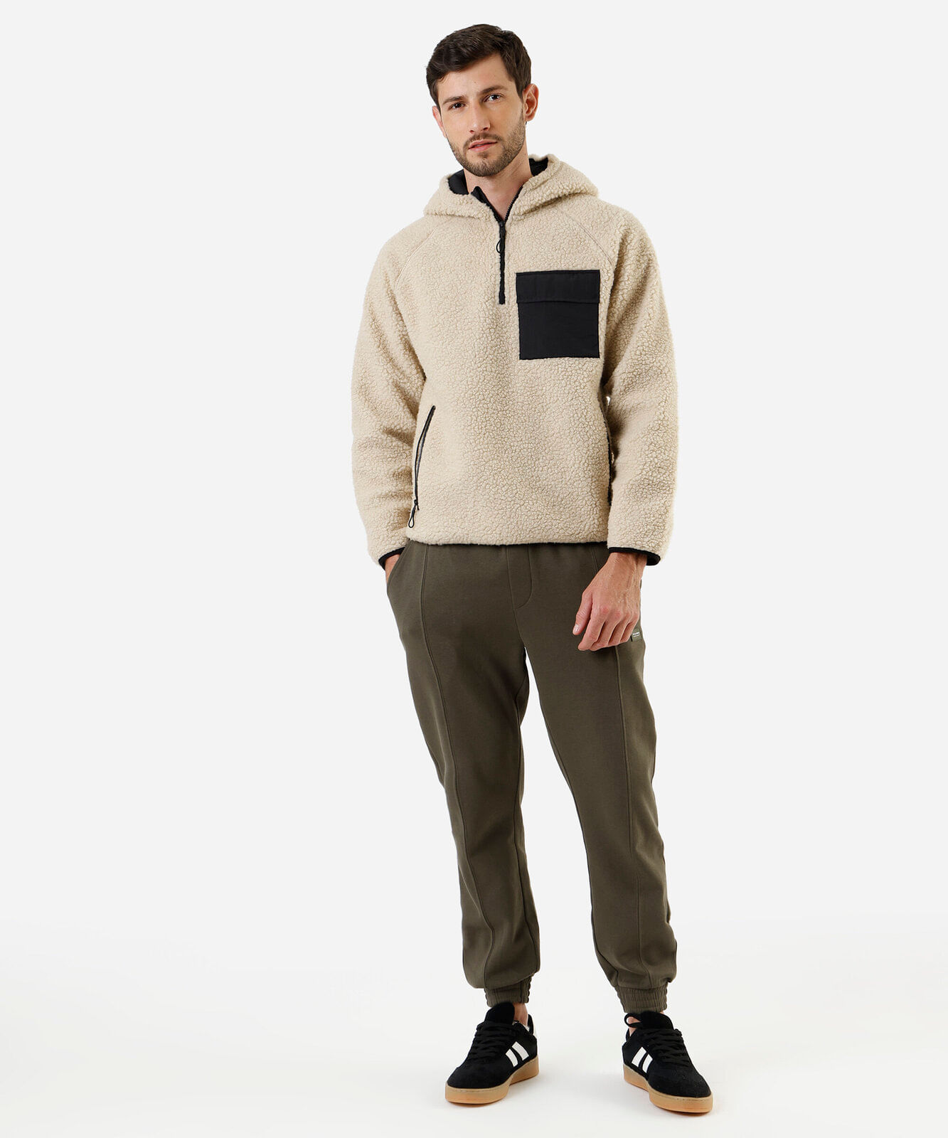 blusão masculino de sherpa com capuz bege