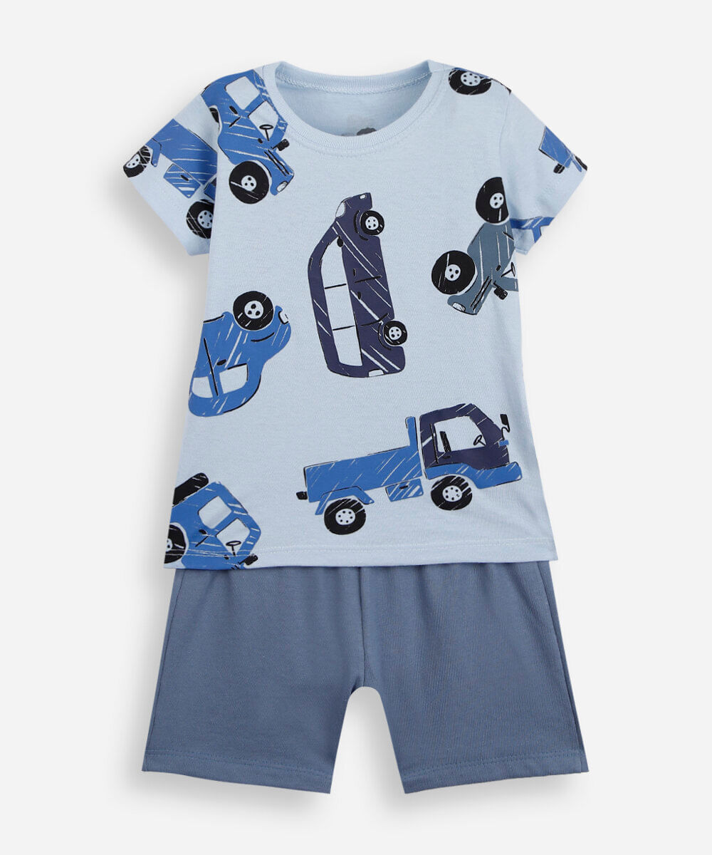 conjunto curto infantil de algodão carrinhos azul
